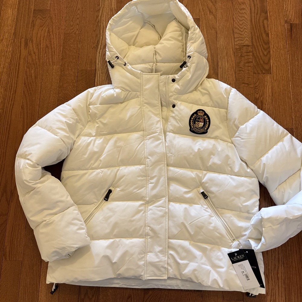 Woman Ralph Lauren Cream Hooded Quilted Logo Jacket,Crested Short Puffer Poly, L